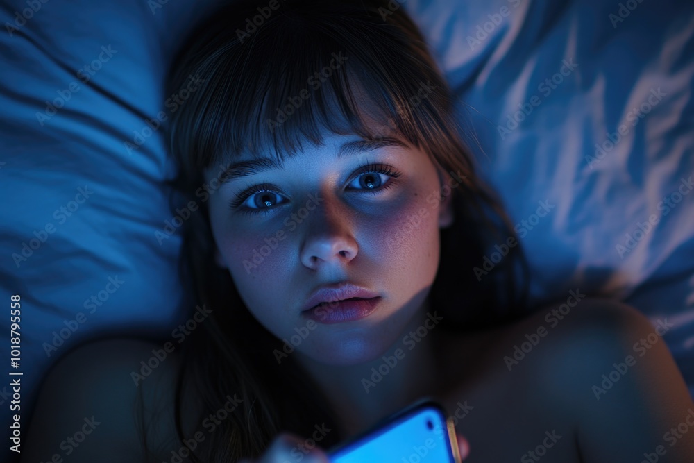 Young woman relaxing in bed with her phone Young woman relaxing in bed with her phone