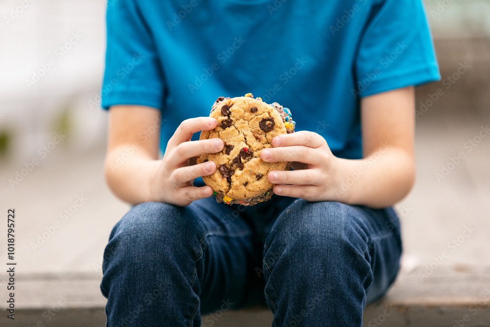 Young Boy Eating Giant Ice Cream Cookie Sandwich Young Boy Eating Giant Ice Cream Cookie Sandwich