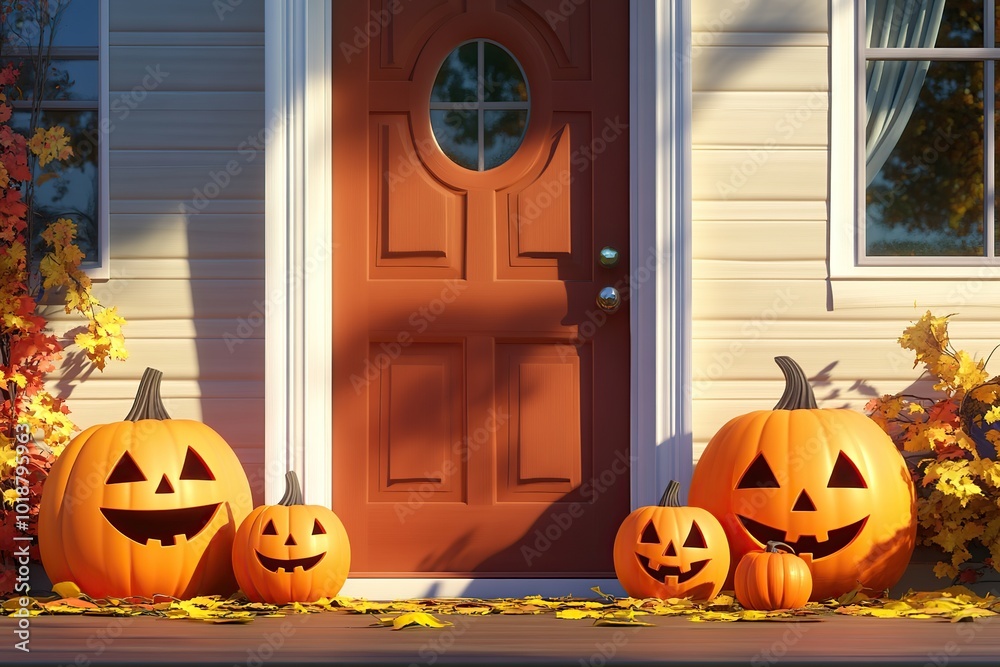 Fototapeta premium Illustration of entrance door of the house with decorations for Halloween and Thanksgiving day