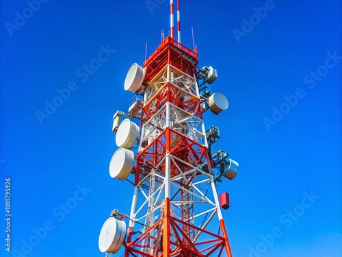 High residential antenna tower against a clear blue sky, providing signal for modern communication needs photo