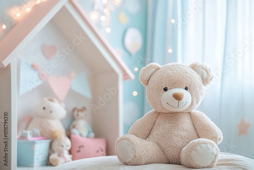 Modern child room with big soft bear toy