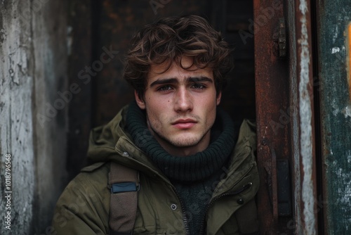 A young man dressed in casual attire with a green jacket and scarf, ideal for use in lifestyle or fashion photography