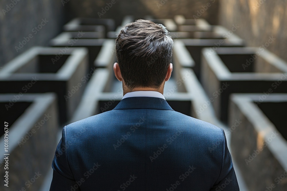 A person wearing a suit stands in front of a complex maze, perfect for use in business or finance related contexts A person wearing a suit stands in front of a complex maze, perfect for use in business or finance related contexts