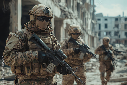 Soldier with assault rifle in military uniform is ready for storm in city streets