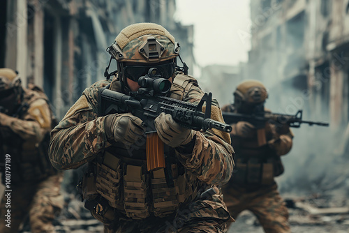 Soldier with assault rifle in military uniform is ready for storm in city streets