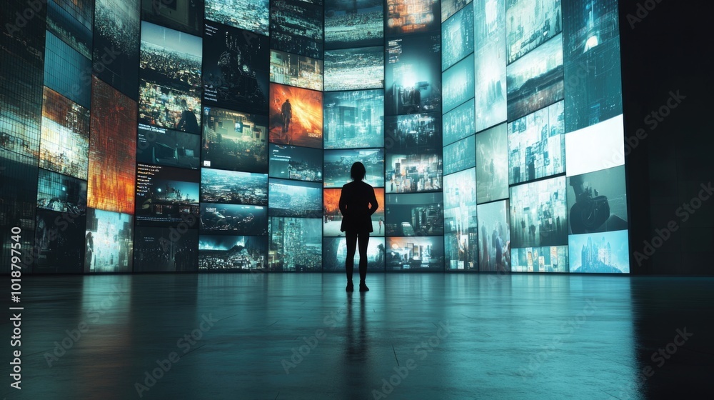 A person standing in front of a wall of video screens, suitable for use as a background or concept image A person standing in front of a wall of video screens, suitable for use as a background or concept image