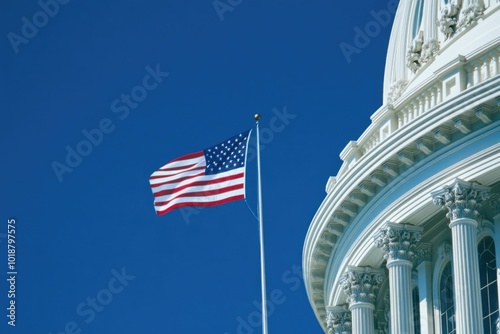 A waving American flag stands proudly in front of the United States Capitol Building, symbolizing patriotism and national pride