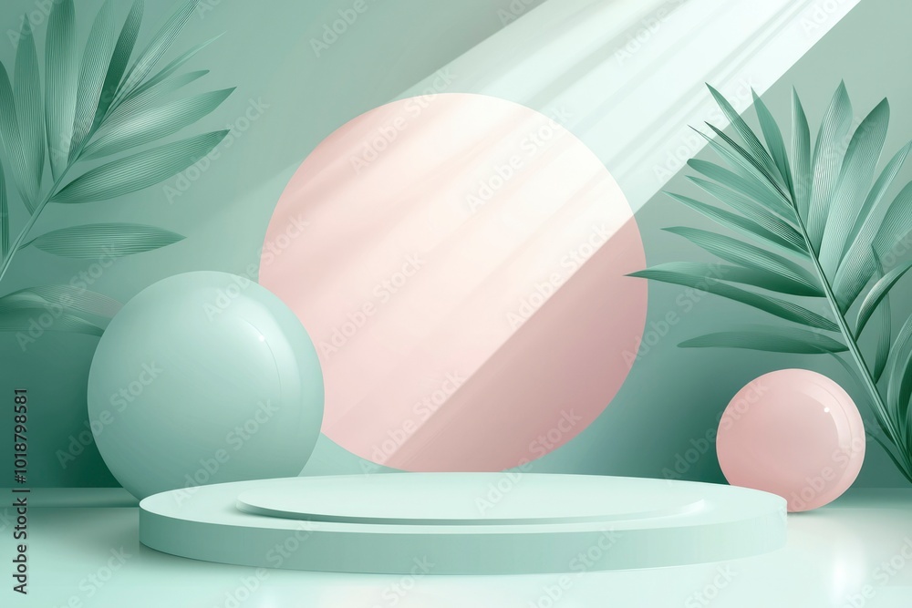 Fototapeta premium Green and Pink Geometric Product Display with Palm Leaves