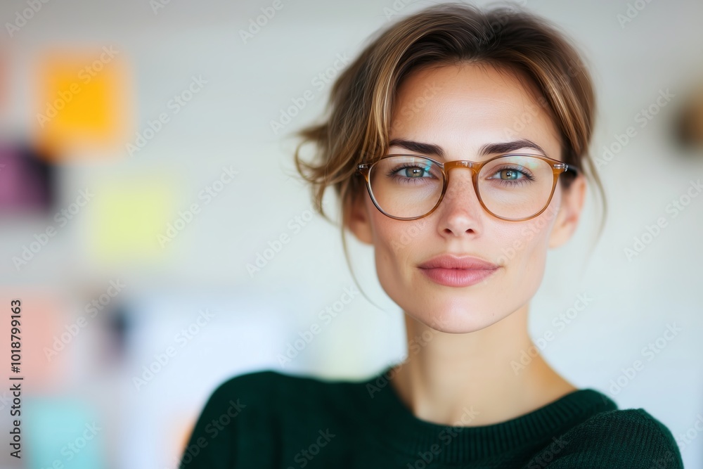 mid aged female UI designer, stylish and modern, presenting ideas. Blurred background of interactive design mockups and digital tools