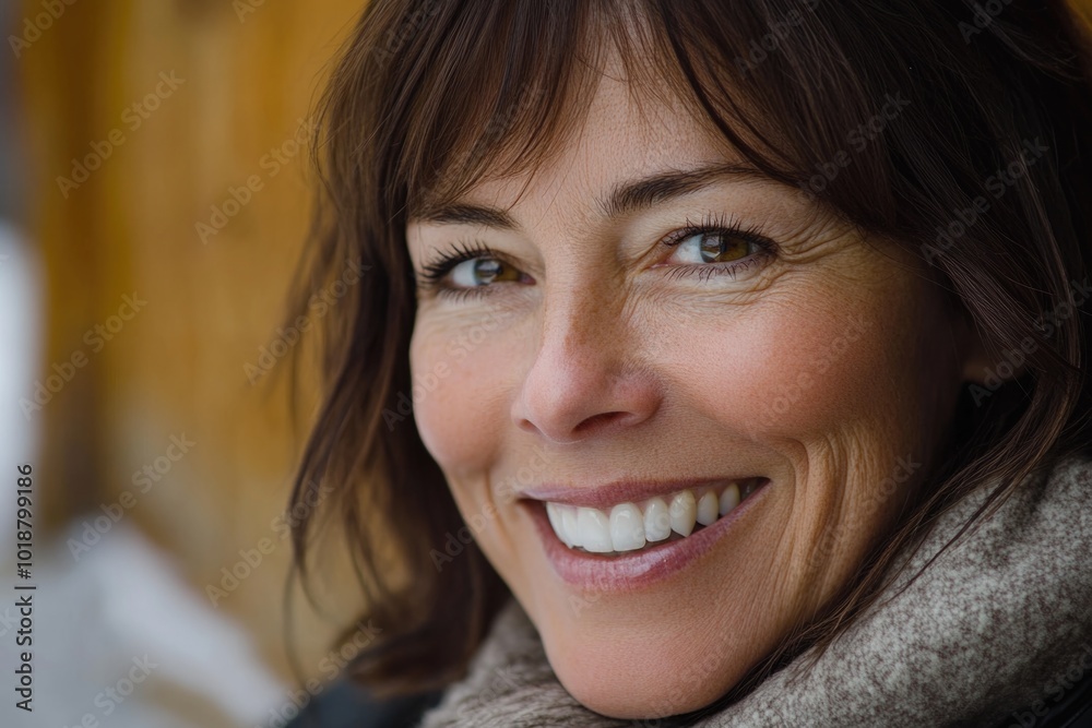 A woman wearing a scarf smiles at the camera in a friendly and approachable manner, suitable for use in portraits, editorial, or advertising contexts A woman wearing a scarf smiles at the camera in a friendly and approachable manner, suitable for use in portraits, editorial, or advertising contexts
