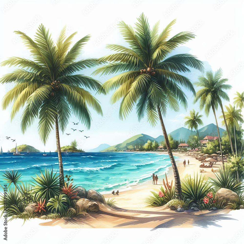 Fototapeta premium watercolor drawing of a summer sunny beach with palm trees