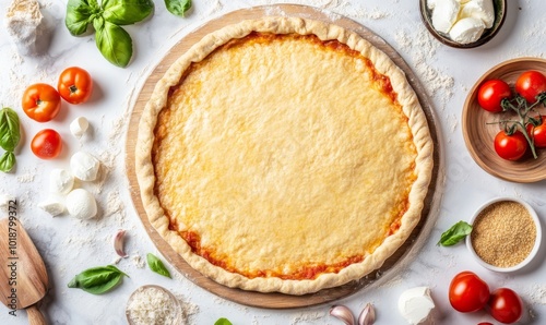 A beautiful layout showcasing the ingredients for homemade pizza