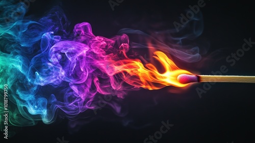 A lit match with colorful smoke on a black background.