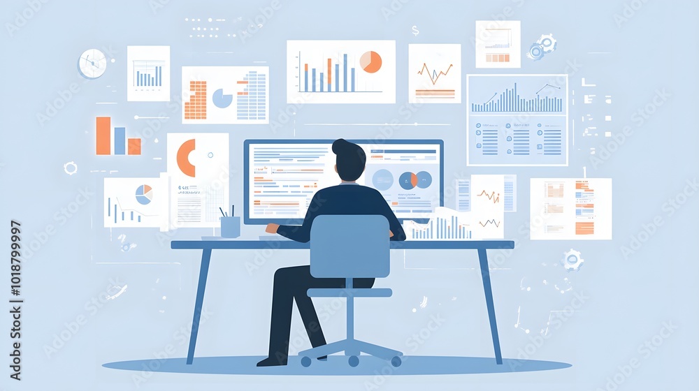 Flat vector illustration of an IT professional sitting at their desk, surrounded by data visualizations and graphs on the screen Flat vector illustration of an IT professional sitting at their desk, surrounded by data visualizations and graphs on the screen