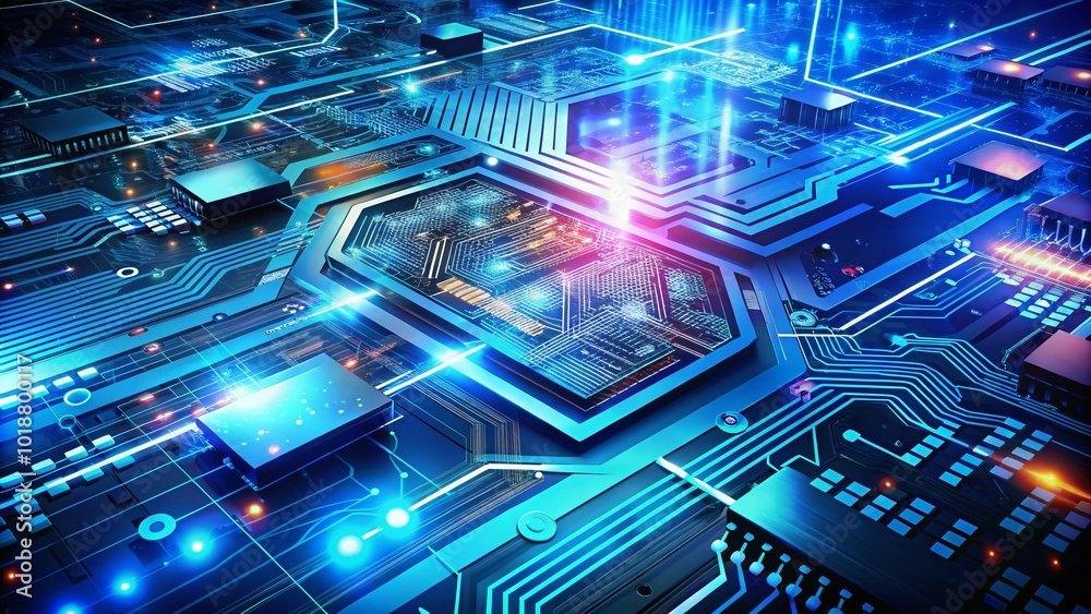 Innovative Blue Technology Concept with Circuit Patterns and Digital Elements on a Futuristic Background Innovative Blue Technology Concept with Circuit Patterns and Digital Elements on a Futuristic Background