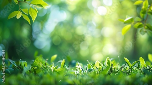 Green leaves background in sunny day with bokeh, nature series