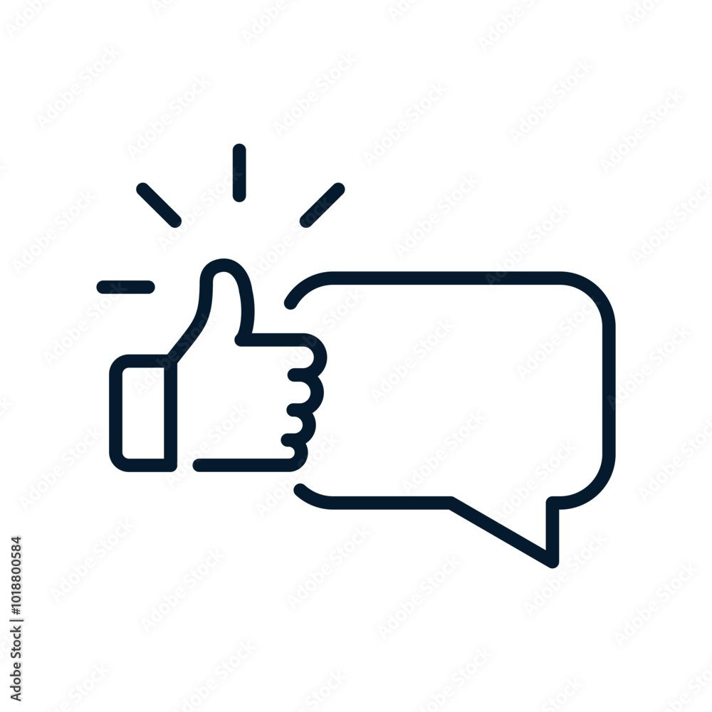 Hand thumb up, message. Positive comment concept. Vector linear icon isolated on white background. Hand thumb up, message. Positive comment concept. Vector linear icon isolated on white background.