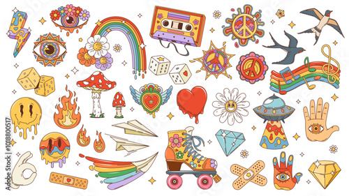 Retro cartoon groovy hippie set. Vector funky rainbow, flower, heart, love, summer sun and peace symbols. Psychedelic daisy, mushroom, hippy hand and eye, UFO, music cassette type and happy emoji