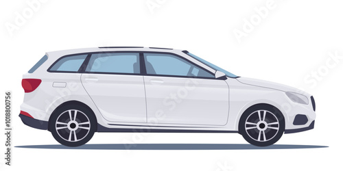 A white car shown from the side, featuring a minimalistic graphic style. Vector illustration