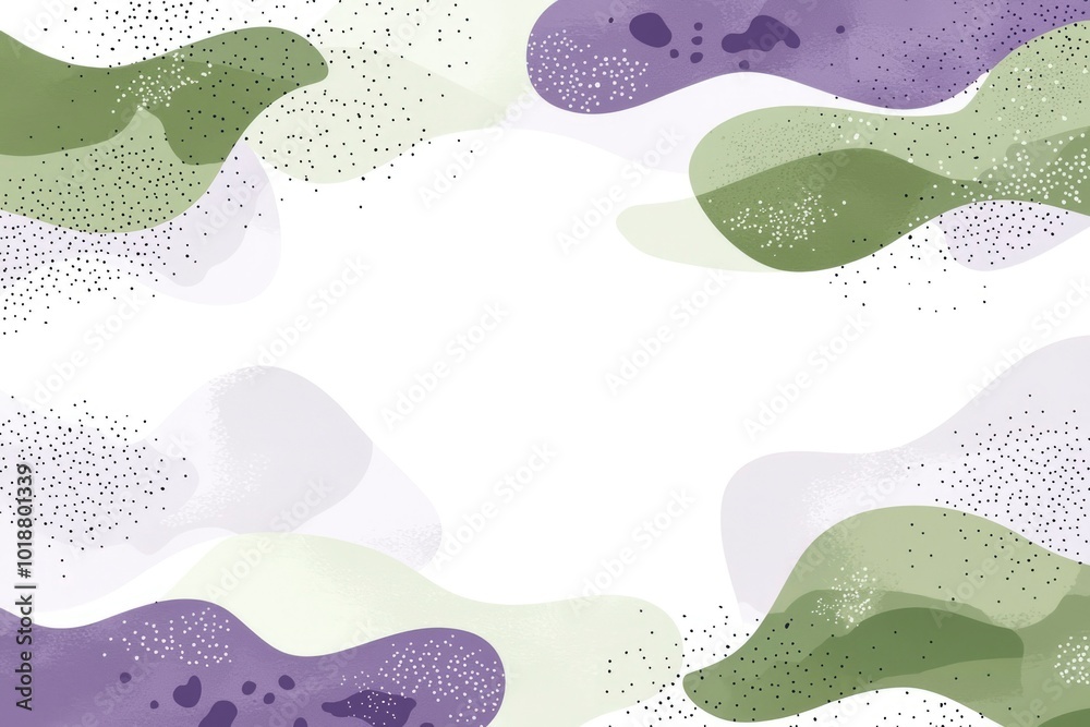 Abstract Background with Green, Purple, and White Wavy Shapes and Black Dots
