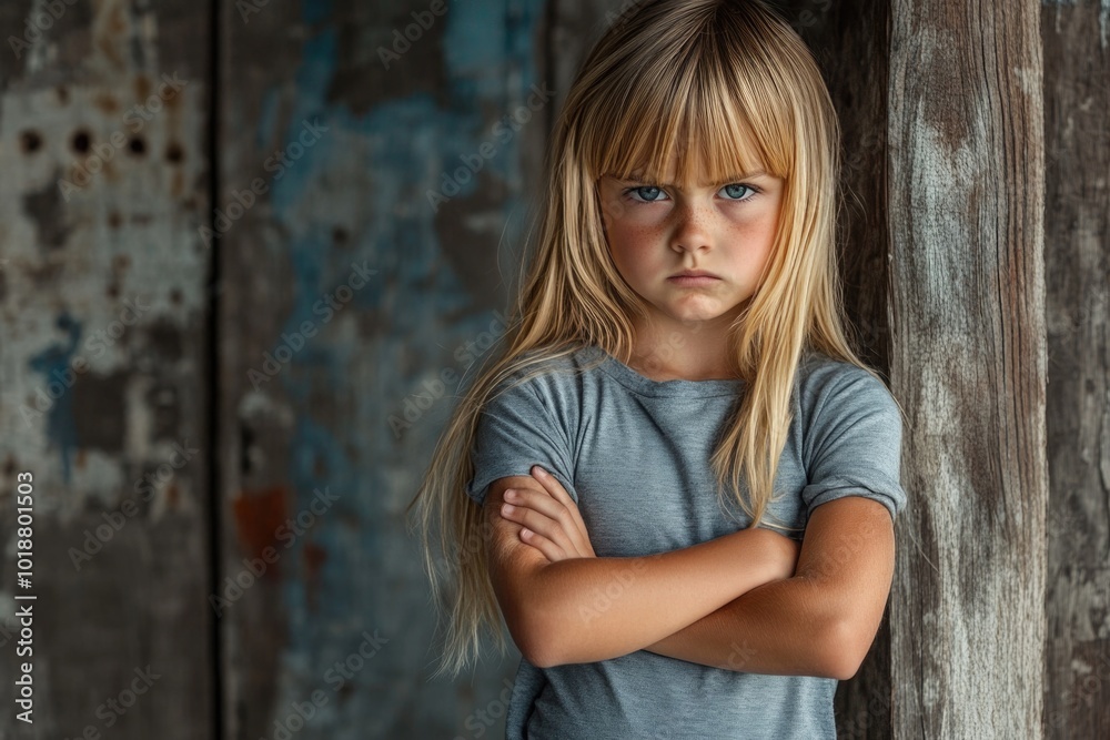 A young child standing in front of a rustic wooden wall, simple and plain background A young child standing in front of a rustic wooden wall, simple and plain background