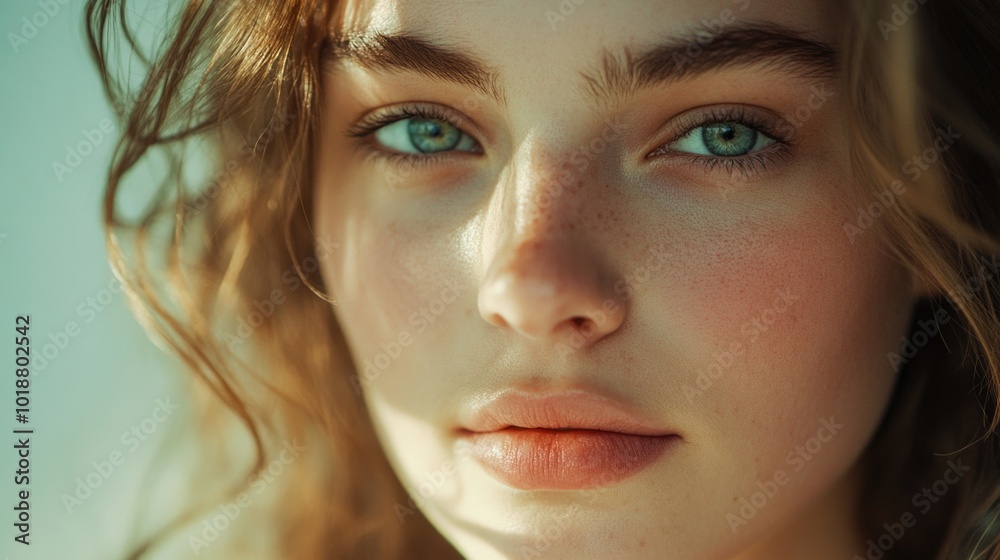 A close-up shot of a woman's face with striking blue eyes A close-up shot of a woman's face with striking blue eyes