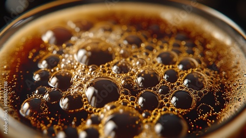 Close-up of bubbly dark beverage in a glass. photo