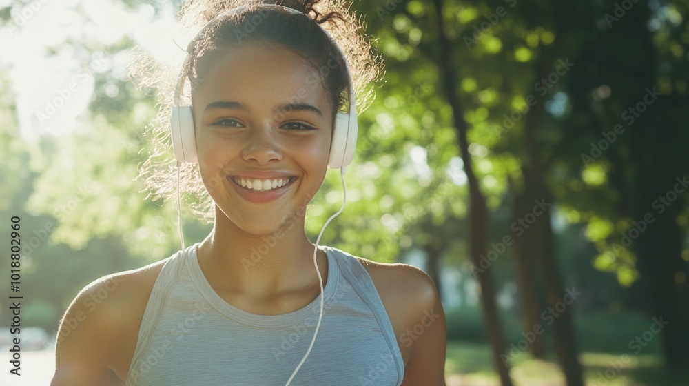 A happy woman wearing headphones looks directly at the camera