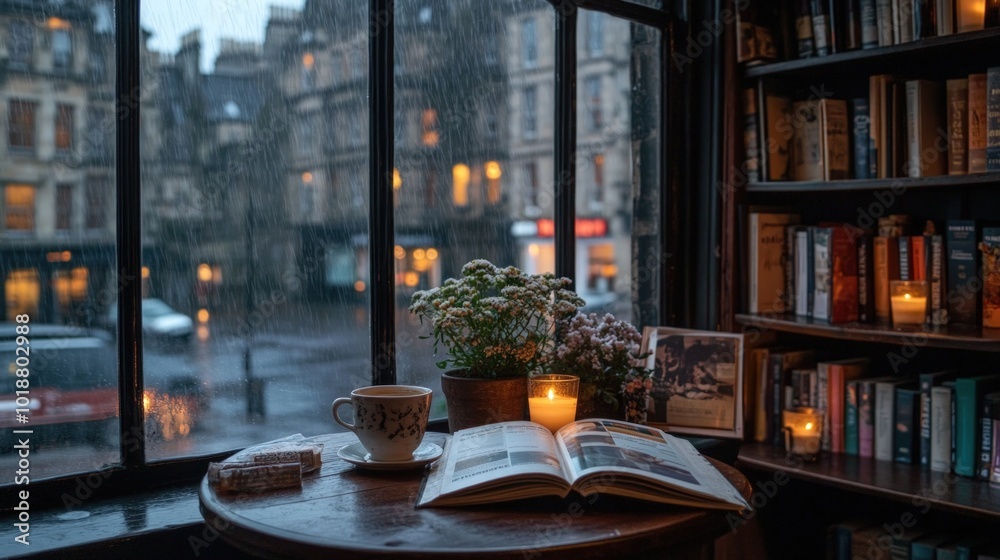 A cozy cafe table with a book, teacup, and candles, with a rainy city street view out the window.