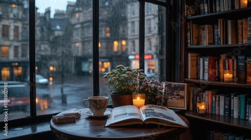 Obraz na płótnie A cozy cafe table with a book, teacup, and candles, with a rainy city street view out the window. w salonie