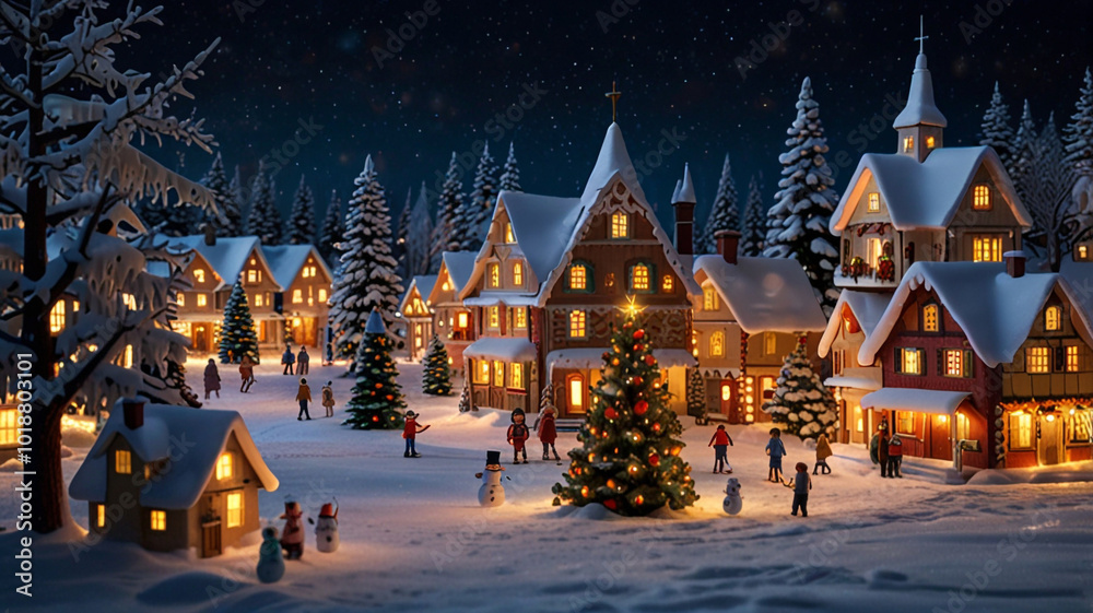 Fototapeta premium Snowy Village with Warm Glow at Christmas Night