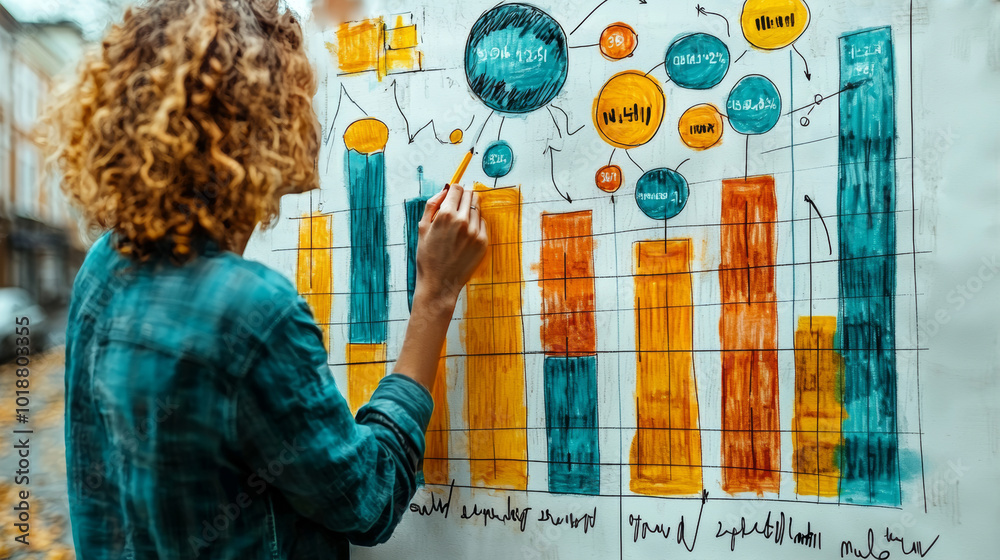 Business professional analyzing colorful growth graphs on a whiteboard Business professional analyzing colorful growth graphs on a whiteboard