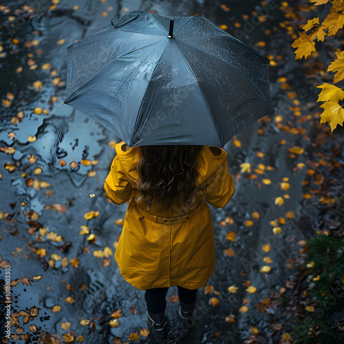 A girl in a yellow raincoat under an umbrella in a puddle
