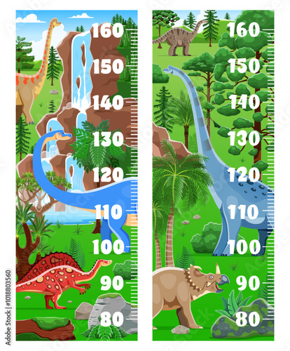 Kids height chart with dinosaurs and funny cartoon dino in Jurassic park, vector background. Kids height hart or baby growth measure ruler with prehistoric cute dinosaurs and lizard reptiles in jungle