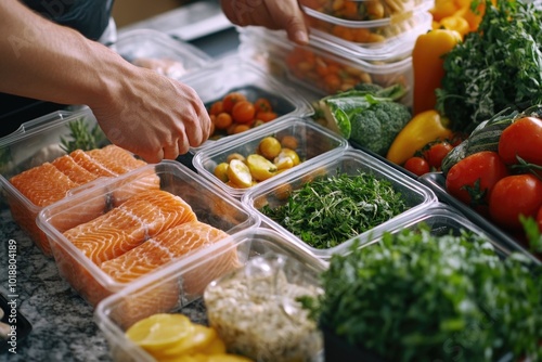 A person preparing food in plastic containers on a counter