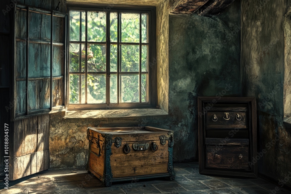 Fototapeta premium A wooden chest sits next to a window, possibly containing treasures or secrets