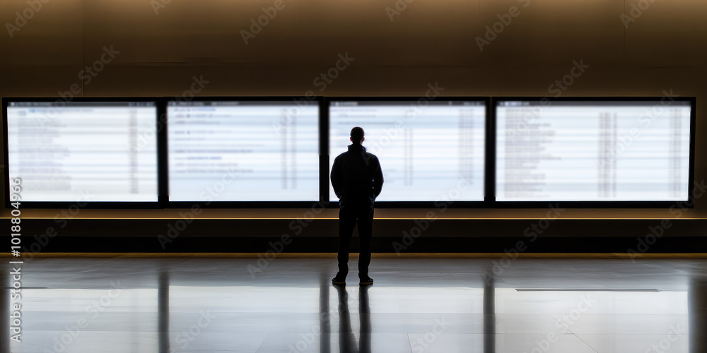 Fototapeta premium Back view of alone person stand before large screens displaying flight information in an airport. A lonely journey