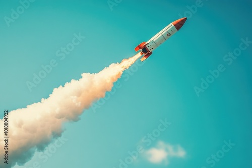 A single rocket flying through a clear blue sky, with bright colors photo