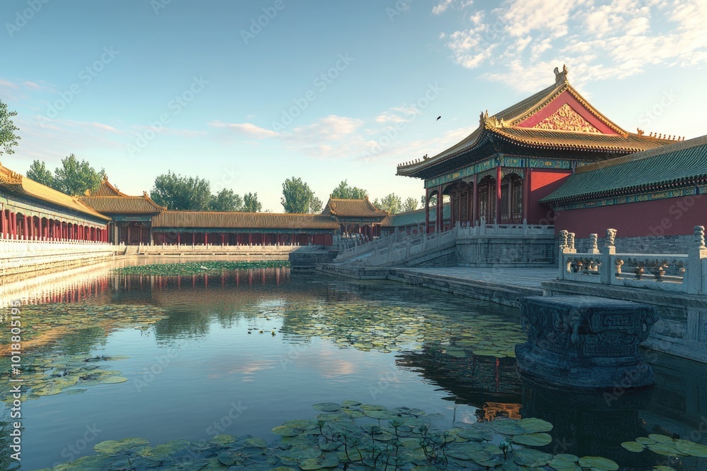 A serene scene featuring a pond with lily pads and a building in the background, great for nature or architecture inspired designs A serene scene featuring a pond with lily pads and a building in the background, great for nature or architecture inspired designs