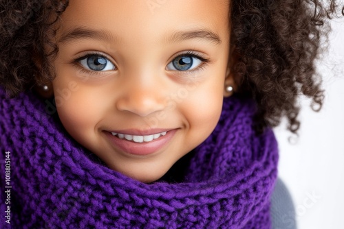 Child wearing a bright purple scarf around their neck poses for a sweet portrait