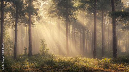 A quiet morning in a dense foggy forest at sunrise nature background