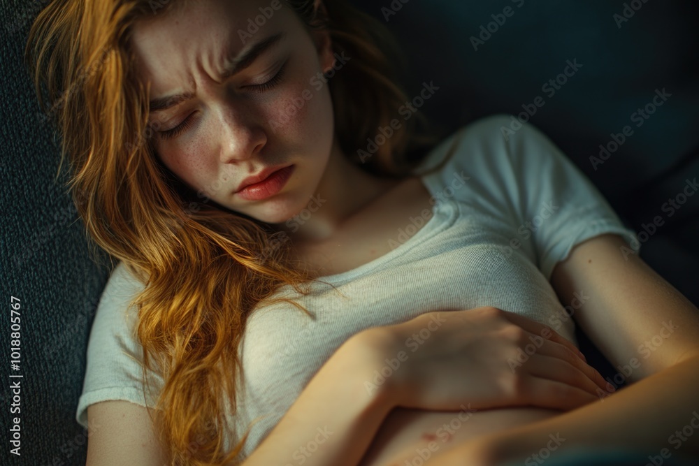 Fototapeta premium Woman with bright red hair relaxing on a couch, one possible use is for a lifestyle or beauty advertisement