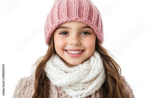 An illustration of a young girl wearing a bright pink winter hat with a cheerful expression