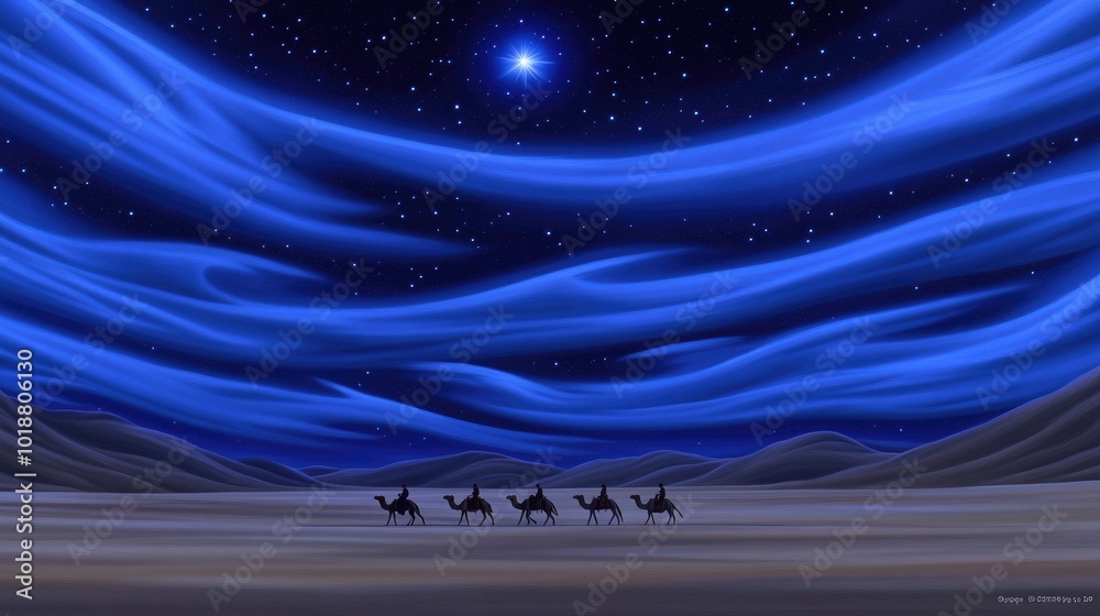 Three wise men journeying under the star of Bethlehem with camels ...