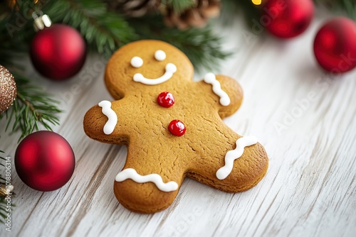 Christmas gingerbread man cookie with ornaments on wooden background