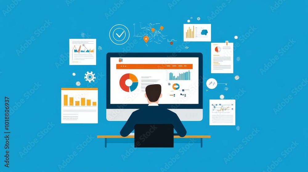 Webinar and online course concept. Man in computer screen holding internet presentation and lecture with documents. E-learning and remote work. Webinar and online course concept. Man in computer screen holding internet presentation and lecture with documents. E-learning and remote work.