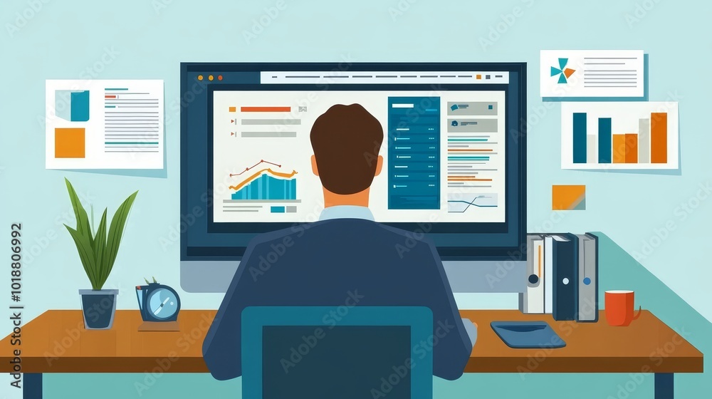 Webinar and online course concept. Man in computer screen holding internet presentation and lecture with documents. E-learning and remote work. Webinar and online course concept. Man in computer screen holding internet presentation and lecture with documents. E-learning and remote work.