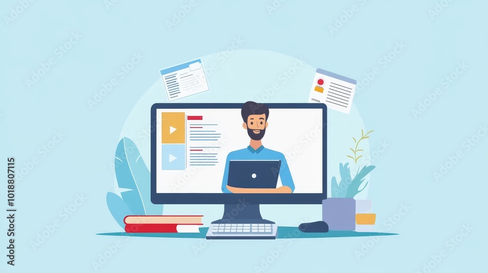 Webinar and online course concept. Man in computer screen holding internet presentation and lecture with documents. E-learning and remote work. Webinar and online course concept. Man in computer screen holding internet presentation and lecture with documents. E-learning and remote work.