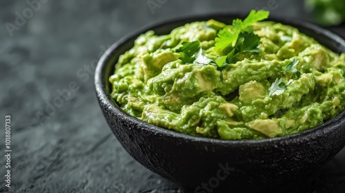 A mouthwatering close-up of creamy avocado guacamole served elegantly in a sleek black bowl, exuding luxury and indulgence.