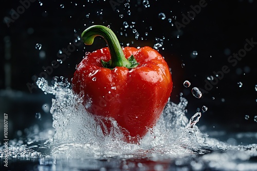 Red pepper falling into water on black background photo